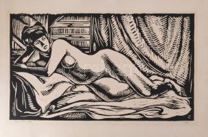 Váli Zoltán (1910-1994): Heverő (női) akt. Linómetszet, papír, jelzett. 34x54 cm
