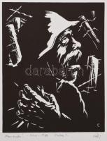 Váli Zoltán (1910-1994): Memento!, 1970-as évek (militária témájú grafika). Linómetszet, papír, jelzett. Próbanyomat próba 1 jelzéssel. Lap felső sarkaiban paszpartuzás nyomaival. 25x20 cm