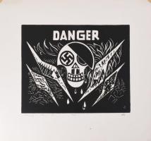 Váli Zoltán (1910-1994): Életveszély!, 1976 (militária témájú grafika horogkereszt motívummal). Linómetszet, papír, jelzett. Próbanyomat próba 3 jelzéssel. Lap felső sarkaiban paszpartuzás nyomaival. 26,5x34,5 cm