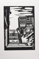 Váli Zoltán (1910-1994): Udvar. Linómetszet, papír, jelzett a metszeten. 32x24 cm