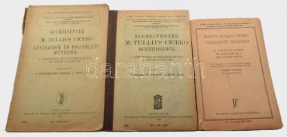 Marcus Tullius Ciceroval kapcsolatos 3 db iskolai tankönyv:   Marcus Tullius Cicero válogatott beszédei. De Imperio Cn. Pompei, In Catilinam Or I. Pro Archia Poeta. Szerk. és magyarázatokkal ellátta Édes Jenő. Bp.,én. (1929),Franklin, 179+1 p. Kiadói papírkötés, szakadt borítóval, és sérült gerinccel, ceruzás bejelölésekkel és aláhúzásokkal.;   Szemelvények M. Tullius Cicero beszédeiből. A gimnáziumok és leánygimnáziumok VI. osztálya számára. Magyarázta Esztergomy Ferenc és Édes Jenő. Bp., 1940, Athenaeum, 126+1 p. Átkötött félvászon-kötés, ceruzás bejelölésekkel és aláhúzásokkal.;   Szemelvények M. Tullius Cicero leveleiből és bölcseletei műveiből. A gimnáziumok és lánygimnáziumok VII. osztálya számára. Magyarázta Esztergomy Ferenc és Édes Jenő. Bp., 1941, Athenaeum,144 p. Kiadói papírkötés, sérült gerinccel, ceruzás bejelölésekkel és aláhúzásokkal.;
