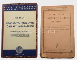 Szemelvények Titus Livius történeti munkájából a gimnázium V. osztálya számára. Összeáll. és magyarázatokkal ellátta Dr. Márkus Jenő. Bibliotheca Discipulorum. Latin nyelv és irodalom 31. sz. Bp., 1939., Szent István-Társulat, 144 p. Átkötött félvászon-kötésben, ceruzás bejelölésekkel és aláhúzásokkal. +  Szemelvények P. Cornelius Tacitus műveiből. Szerk. és magyarázatokkal ellátták: Édes Jenő és vitéz Esztergomy Ferenc. Bp., én. (1931), Franklin, 137+3 p. Kiadói papírkötés, sérült gerinccel, ceruzás bejelölésekkel, bejegyzésekkel és aláhúzásokkal.