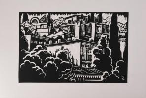 Váli Zoltán (1910-1994): Városrészlet. Linómetszet, papír, jelzett a metszeten. 27x42,5 cm