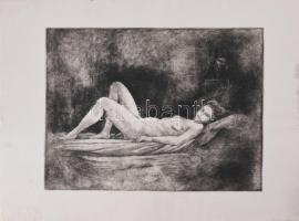 Váli Zoltán (1910-1994: Műteremben (női akt). Rézkarc, papír, jelzés nélkül. Lapszéli apró sérüléssel és elszíneződéssel. 23x31 cm.