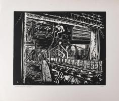 Váli Zoltán (1910-1994): Automatizált téglagyár. Linómetszet, papír, jelzett. Lapszéli kisebb szakadással. 31x40 cm