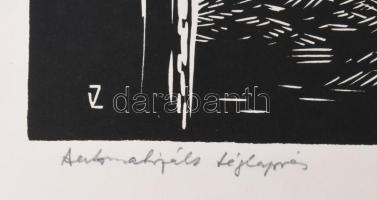 Váli Zoltán (1910-1994): Automatizált téglagyár. Linómetszet, papír, jelzett. Lapszéli kisebb szakad...