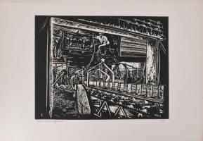 Váli Zoltán (1910-1994): Automatizált téglagyár. Linómetszet, papír, jelzett. 31x40 cm