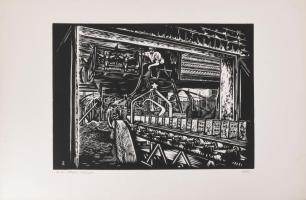 Váli Zoltán (1910-1994): Automatizált téglagyár. Linómetszet, papír, jelzett. 31x40 cm