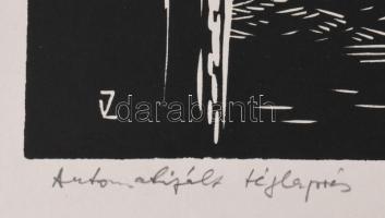 Váli Zoltán (1910-1994): Automatizált téglagyár. Linómetszet, papír, jelzett. 31x40 cm