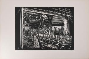 Váli Zoltán (1910-1994): Automatizált téglagyár. Linómetszet, papír, jelzett. 31x40 cm