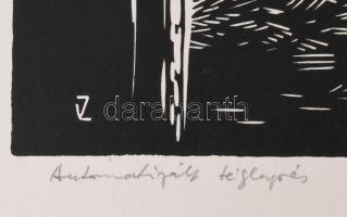 Váli Zoltán (1910-1994): Automatizált téglagyár. Linómetszet, papír, jelzett. 31x40 cm