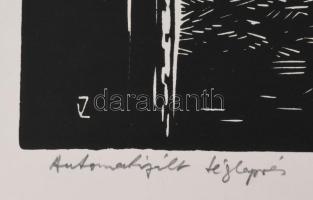 Váli Zoltán (1910-1994): Automatizált téglagyár. Linómetszet, papír, jelzett. 31x40 cm