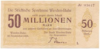 Németország / Weimari Köztársaság / Werden-Ruhr 1923. 50.000.000M szárazpecséttel T:F szép papír Germany / Weimar Republic / Werden-Ruhr 1923. 50.000.000 Mark with embossed stamp C:F fine paper