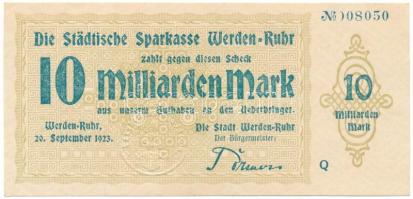 Németország / Weimari Köztársaság / Werden-Ruhr 1923. 10.000.000.000M szárazpecséttel T:AU sarokhajlás Germany / Weimar Republic / Werden-Ruhr 1923. 10.000.000.000 Mark with embossed stamp C:AU corner fold