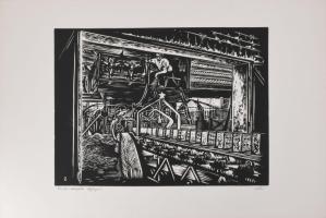 Váli Zoltán (1910-1994): Automatizált téglagyár. Linómetszet, papír, jelzett. 31x40 cm