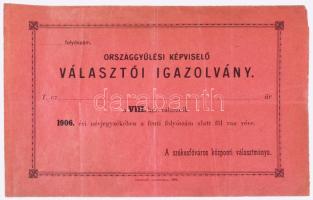 1906 VIII. kerületi Országgyűlési Képviselői Választói Igazolvány, hajtott, 15x23 cm