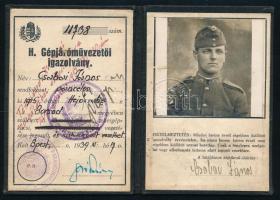 1939 Katonai gépjárművezetői igazolvány, fényképes
