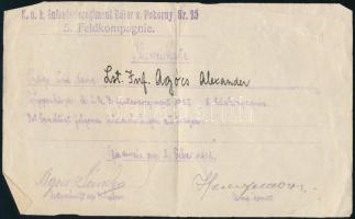 1918 K. u. k. Infanterieregiment Edler von Pokorny Nr. 25. 5. Feldkompagnie igazolójegye Agócs Sándor részére