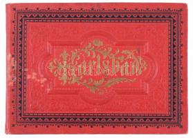 1897 Karlsbad, 47 fekete-fehér képet tartalmazó kihajtható leporello, egy lapon hajtásnyommal, kettő lap foltos, egy helyen javított, névbélyegzéssel és dátumozással. Kissé foltos, kissé kopott aranyozott, festett egészvászon-kötésben, borító: 12x17 cm közötti méretben