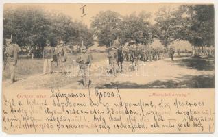 1904 Szászváros, Broos, Orastie; Marschsicherung. Manöverbilder I. No. 2. H. Graef's Verlag / masírozó osztrák-magyar katonák / K.u.K. military, marching soldiers (vágott / cut)