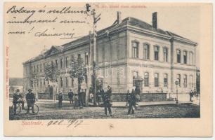 1908 Szatmárnémeti, Szatmár, Satu Mare; M. kir. állami elemi iskola, fiú kerékpárral. Reizer János kiadása / elementary school, boy with bicycle (gyűrődés / crease)
