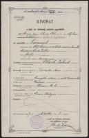 1897 Pest, izraelita anyakönyvi kivonat, "Pesti Izr. Hitközség Rabbinátusa" pecséttel, anyakönyvvezető rabbi aláírásával