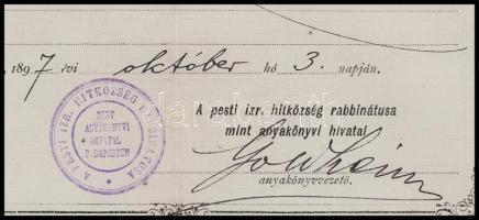 1897 Pest, izraelita anyakönyvi kivonat, "Pesti Izr. Hitközség Rabbinátusa" pecséttel, any...