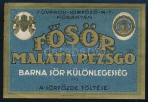 "Fősör, maláta pezsgő, barna sör különlegesség, Kőbánya, Fővárosi Sörfőző Rt.," italcímke, Bp., Franklin Társulat-ny.), az egyik felső sarkán és mellette a szélein apró sérülésekkel, 8x12 cm