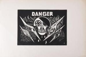 Váli Zoltán (1910-1994): Életveszély!, 1976 (militária témájú grafika horogkereszt motívummal). Linómetszet, papír, jelzett. Hajtásnyommal. 26,5x34,5 cm