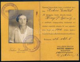 1926 Vallásos Iratok Nemzetközi Kiadóhivatala Budapest Könyvügynökségének fényképes igazolványa