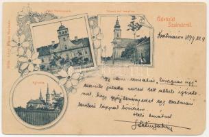 1899 Szatmárnémeti, Szatmár, Satu Mare; Kálvária, régi törvényszék, Németi református templom. Lövy Miksa kiadása, szecessziós-virágos keret / calvary, old court, Calvinist church. Art Nouveau, floral frame (EM)