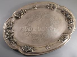 Szecessziós ezüst (Ag) szervírozótálca, áttört plasztikus virágmintával díszítve. Bécs, 1872-1922 közötti fémjel, 800 ezrelékes ezüst, FR mesterjegy, 53x39 cm, nettó 1446g