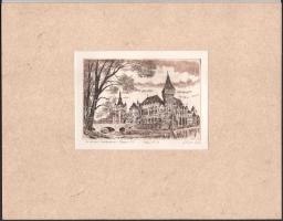 Gönczi Béla (1934-): A 100 éves Mezőgazdasági Múzeum (Vajdahunyad vára, Bp.), 1995. Rézkarc, papír, jelzett, próbanyomat "Próba No 4." jelzéssel. Magyar Mezőgazdasági Múzeum 1896-1996 feliratú mappában. 10,5×15 cm