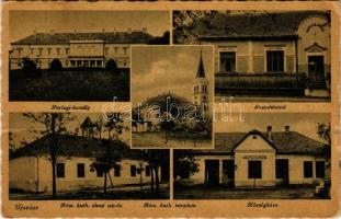 1943 Újszász, Parlagi kastély, Posta, Római katolikus templom és elemi iskola, Községháza + "Újszász P.U. Levélszekrényből" (gyűrődés / crease)
