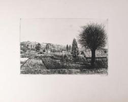 Gönczi Béla (1934-): Faluvége, 1960. Rézkarc, papír, jelzett, 20×30 cm