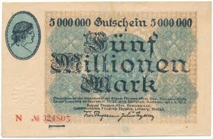 Németország / Weimari Köztársaság / Hamborn 1923. 5.000.000M szárazpecséttel T:F Germany / Weimar Republic / Hamborn 1923. 5.000.000 Mark with embossed stamp C:F