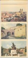 Eger, Leporellólap 6 képpel, közte templom, vár, szobor. Képzőművészeti Alap Kiadóvállalat. Fotó Inkey Tibor