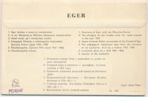 Eger, Leporellólap 6 képpel, közte templom, vár, szobor. Képzőművészeti Alap Kiadóvállalat. Fotó Ink...