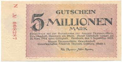 Németország / Weimari Köztársaság / Hamborn 1923. 5.000.000M szárazpecséttel T:XF sarokhajtások Germany / Weimar Republic / Hamborn 1923. 5.000.000 Mark with embossed stamp C:XF corner folds