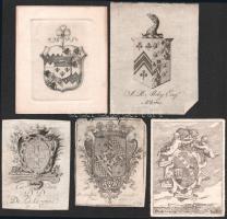5 db 18. századi rézmetszetű, címeres ex libris, részben sérült és foltos, 8x6 cm körüli méretekben