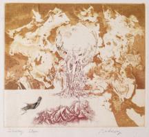 Badacsonyi Sándor (1949-2016): Sivatagi álom. Színes rézkarc, papír, jelzett, hátoldalán Koller Galéria bélyegzésével, kissé foltos, 18×19,5 cm