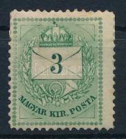 1874 3kr 13-as fogazással, szélesebbre fogazva, gyöngyjavítással (pici elszíneződés fölül / small spot)