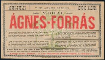 cca 1890 Mohai Ágnes-Forrás négy nyelvű prospektusa (magyar, német, francia és angol), Bp., Kellner és Mohrlüder-ny., rajta címerrel, 10x18 cm