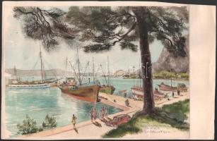Gebhardt Béla (1901-1990): Omis, pihenő halászbárkák (Dalmácia, Horvátország, Jugoszlávia), 1965. Akvarell, papír, Jelzett. Javított. Kartonra kasírozva, 23×32 cm