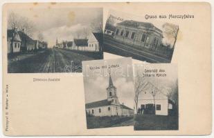 1918 Mercyfalva, Merczyfalva, Merczifalva, Carani, Mertisoara; Strassen-Ansicht, Postamt, Kirche mit Schule, Geschäft des Johann Kirsch / utca, postahivatal, templom és iskola, Johann Kirsch üzlete / street view, post office, church and school, shop of Kirsch. Photogr. G. Richter (EB)