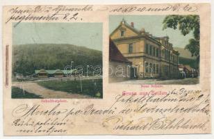 1902 Feketehalom, Zeiden, Codlea; Schulfestplatz, Neue Schule / új iskola és az iskolai fesztiváltér. G. Foith kiadása / new school, school's festival ground (r)