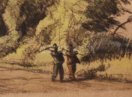 Zádor István (1882-1963): Hazafelé. Színezett rézkarc, papír, jelzett (halványan), paszpartun ázásny...