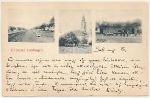 1908 Liebling (Temes), utca, templom. Dajkovits J. fényképész utóda kiadása / street view, church (vágott / cut)