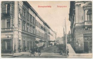 1909 Marosvásárhely, Targu Mures; Bolyay (Bolyai) utca, Pap üzlete / street view, shops + "MAROS-VÁSÁRHELY - KOCSÁRD 131. SZ." vasúti mozgóposta bélyegző (EK)