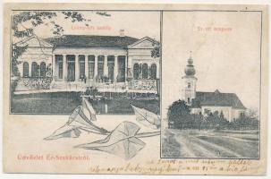 Érszakácsi, Ér-Szakácsi, Socaciu, Sacaseni; Leitner kastély, Református templom / castle, Calvinist church. Art Nouveau frame (r)  Az érszakácsi kastélyt a Leitner-család építette egy korábbi kúria helyén az 1800 évek elején, eklektikus stílusban. A kastélyt az 1860-es évek táján eladják; 1880-ban a kastélyban Braunecker báró családja él 1948-ig, amikor a kommunisták államosították az épületet, innen a mai neve: Braunecker-Bölöni-kastély (forrás: kastelyok.com).  //  The castle of Socaciu was built by the Leitner family on the site of a previous mansion in the early 1800s, in an eclectic style. The castle was sold around the 1860s; in 1880, the family of Baron Braunecker lived in the castle until 1948, when the communists occupied the building, hence its current name: Braunecker-Bölöni-castle (source: kastelyok.com).